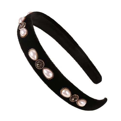 YARN & INK Black Velvet 1 inch Wide Headbands for Women Girls Pearls Headband Party Headwear Vintage Handmade Bling Hair Accessories Vintage Christmas Gift (Black velvet)