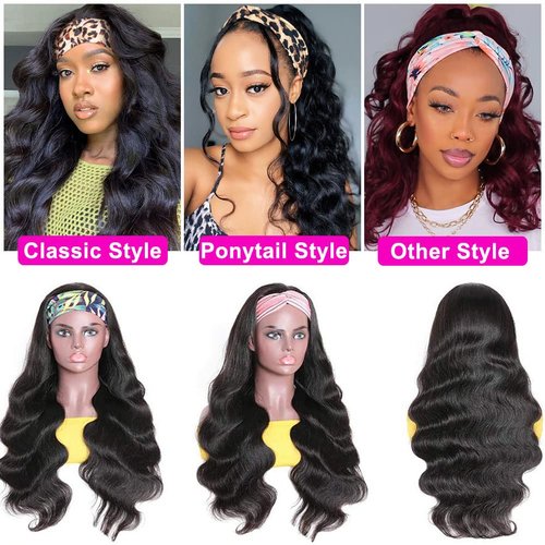 HEDY Headband Wig Human Hair Wigs for Black Women Glueless Brazilian Body Wave Head Scarf Wigs None Lace Front Wigs Human Hair 150% Density (26 inch)