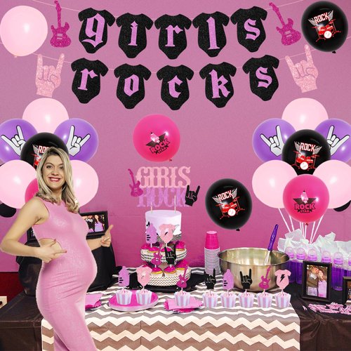 Rock Baby Shower Decorations for Girls, Music Theme Baby Shower Party Supplies with Girls Rocks Banner Cake Topper, Guitar Foil Balloons for Music Rock and Roll Baby Shower Party Decor