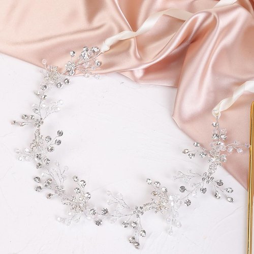 BERYUAN Silver Flower Crystal Headband Crystal Beads Hair Piece Silver Wedding Hair Accessories Bridal Heaband for Wedding for Brides Bridesmaid