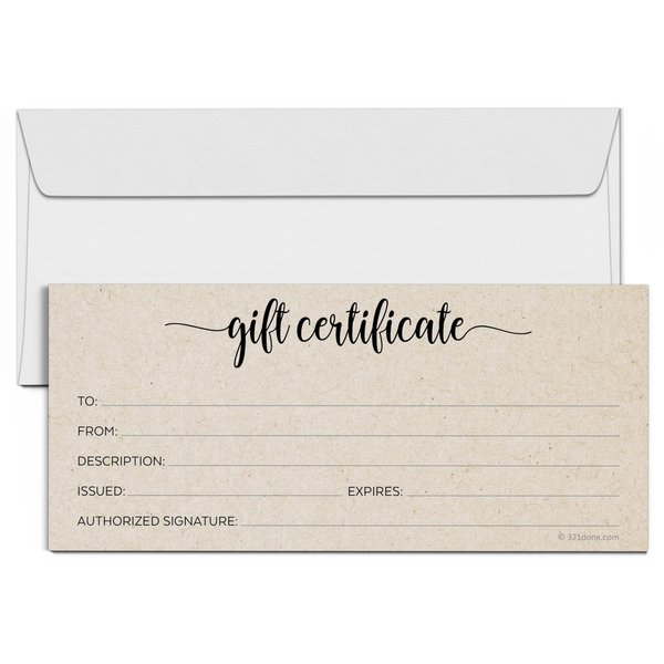 321Done Rustic Gift Certificates (Pack of 24 with Envelopes) 4x9 Inches Blank Kraft Tan Minimalist for Small Business, Holiday, Christmas Voucher, Spa, Salon - Made in USA