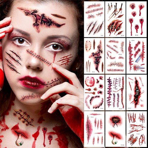 BASEMMAHER 24Sheets Halloween Scar Temporary Tattoos Sticker 3D Zombie Prank Makeup Stitches Fake Cuts Wound Realistic Waterproof Face Decals for Women Costume Horror Carnival Cosplay Party Supplies