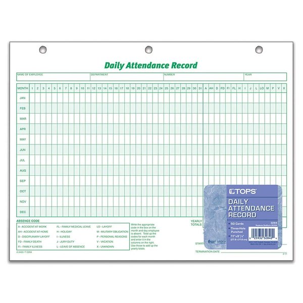 TOPS 3284 Daily Attendance Card, 8 1/2 x 11, Green; White (Pack of 50 Forms)