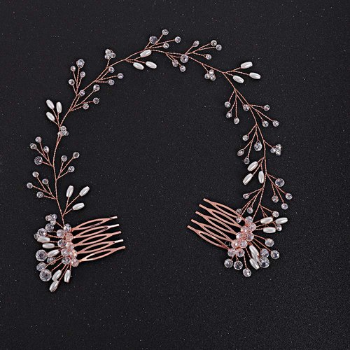 fxmimior Bride Rose Gold Pearl Headband Wedding Hair Accessories Crystal Hair Vine Headband Wedding Hair Comb Evening Party Hair Piece for Women…