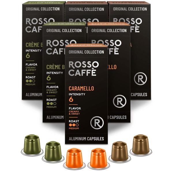 Rosso Coffee Capsules for Nespresso Original Machine - 60 Espresso Pods Vanilla, Caramel, Creme Brulee- Single-Serve Aluminum Coffee Pods - Compatible with Nespresso Original Line Machines (Flavor 60)