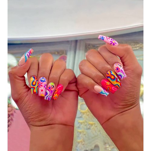 Artquee 24pcs Rainbow Square Press on Nails Medium Length Fake Nail Art with Colorful Swirl Flower Designs Acrylic Nail Reusable Artificial Glossy Nails in 12 Sizes Stick on False Nails Tips for Women