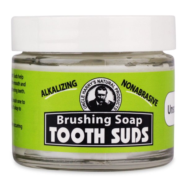 Uncle Harry’s Natural Products Alkalizing Nonabrasive Brushing Soap Tooth Suds, Peppermint, Remineralizes Tooth Enamel and Promotes Alkaline pH, Fluoride Free and Vegan, 2 Ounce Glass Jar