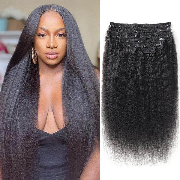 Kinky Straight Clip In Hair Extensions Real Human Hair Clip Ins Seamless Yaki 100% Brazilian Remy Human Hair Clip In Hair Extensions For Black Women Natural Black Color Double Weft 14inch 8pcs 120g