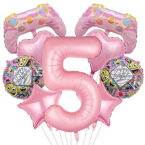 Pink Video Game Balloons, Video Game Controller Birthday Number Mylar Foil Balloon, Level Up Balloons for Girls Game On Birthday Decorations Video Game Gaming Theme Party Supplies (5th)