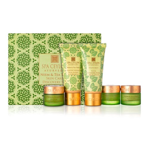 Spa Ceylon Neem & Tea Tree Skin Care Discovery Set | Travel Size Face Care Set | Organic Cleanser, Masque, Exfoliator & Face Protector | For Oily Acne-Prone Skin