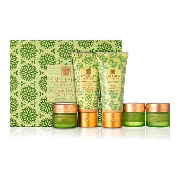 Spa Ceylon Neem & Tea Tree Skin Care Discovery Set | Travel Size Face Care Set | Organic Cleanser, Masque, Exfoliator & Face Protector | For Oily Acne-Prone Skin