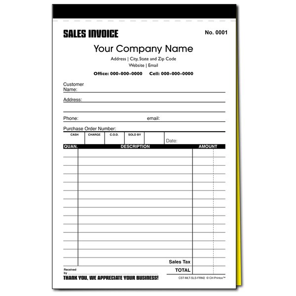 Custom Sales Invoice Personalized Duplicate Carbonless Form with Your Company Name - 2 Books (100 Sets) Numbered