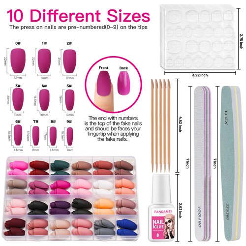24 Packs 576PCS Matte Press on Nails Medium Length, FANDAMEI Medium Coffin Fake Nails Full Cover, Acrylic Short Ballerina False Nail tips with Nail Glue, Nail Adhesive Tabs, Nail File for Nail Art DIY