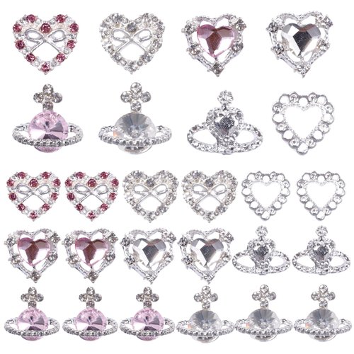 56Pcs Luxury Nail Art Rhinestone, Pink&White Silver Heart Nail Gems Charms, Silver Planet Gems Nail Diamond Rhinestones Jewels Charms for Girl Women DIY Nail Design Craft Jewelry Accessories