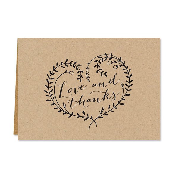 Kraft Love and Thanks Thank You Note Card Pack - Set of 36 cards blank inside - with Kraft envelopes