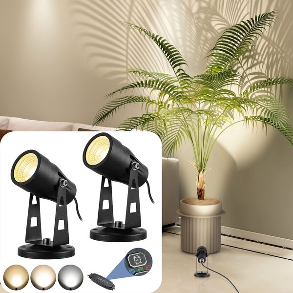 Junview 2 Pack LED Spot Lights Indoor 3000K/4000K/6000K Adjustable Up Lights Indoor 3W Dimmable Floor Spotlight for Plants Uplighting Indoor with Auto On/Off Timer for Pictures Artwork Accent Lighting