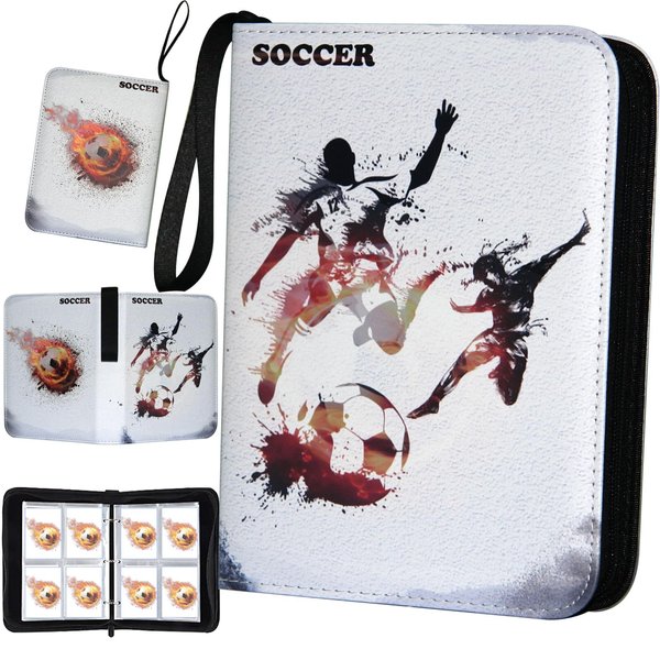 Soccer Card Binder, World Cup Card Binder 4 Pocket with 50 Removable Sleeves Fits 400 Sport Cards, 3 Ring Card Holder Binder with Zipper, Collector Storage Album