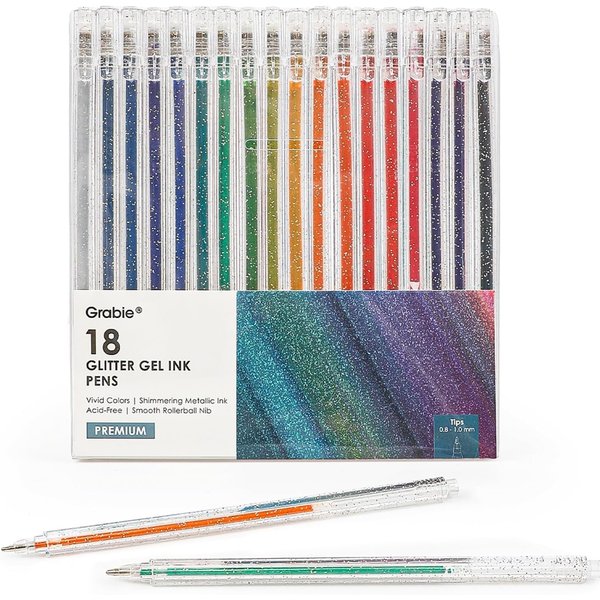 Grabie Glitter Gel Ink Pens, Vibrant Glitter Gel Pens Set, Spark Your Creativity with Every Color of the Rainbow (18 Colors Capped Glitter Gel Pens)