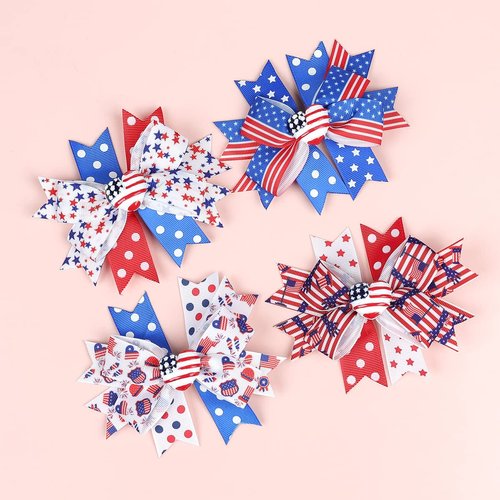 White Blue Red Hair Clips 4th of July Bows Clips Grosgrain Hair Barrettes Independence Day Headwear Girls Kids Boutique Hairpin Stars Hair Accessories Alligator Clips Supplies Party Decorations 4PCS
