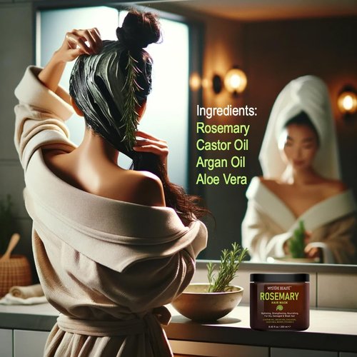 MYSTÉRE BEAUTÉ Rosemary Hair Mask for Dry Damaged Hair with Collagen, Biotin, Argan Oil- Strengthening Hair Masque for Split Ends, Hair Loss and Breakage- 8.45 fl oz