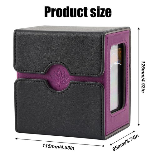 Premium PU Leather Trading Card Deck Box, Card Storage Box with 2 Dividers and 2 Dice, Card Deck Box Fits 120+ Sleeved Cards, Stylish, Durable, and Versatile Card Storage Solution (Black＆Purple)
