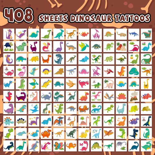 EMOME 408 Individually Wrapped Dinosaur Tattoos for Kids, Temporary Tattoo Stickers for Dinosaur Birthday Party Decorations Supplies Favors, Dinosaur Temporary Tattoos for T Rex Birthday Decorations