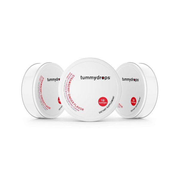 Organic Fresh Strawberry Ginger Tummydrops (Pack with 3 Tins). Gluten Free & Vegan. Contains 54 Individually Wrapped Organic Ginger Lozenges.