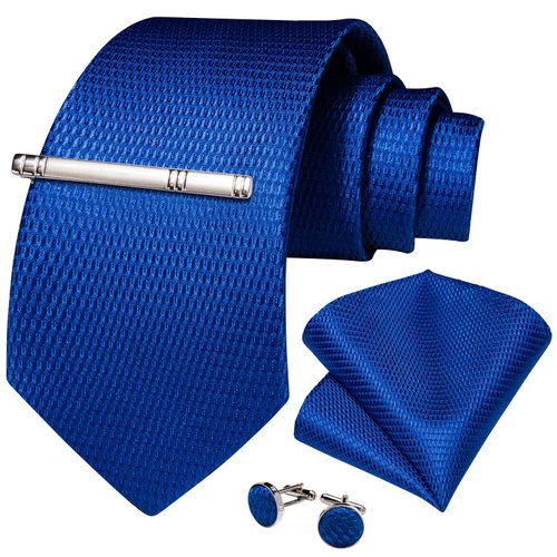 DiBanGu Men's Solid Royal Blue Ties Wedding Plain Necktie Pocket Square Cufflink Tie Clip Set