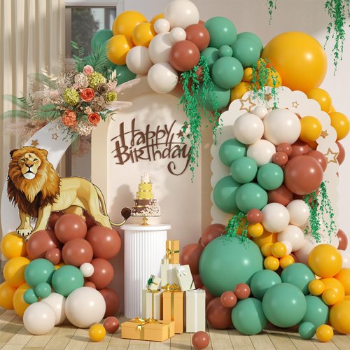 Sage Green Balloon Arch Kit,Dusty Green Mustard Yellow Brown Sand White Balloons for Kids Boy Safari Jungle Wide One Lion Birthday King Party Decorations Baby Shower Wedding Graduation Party Supplies