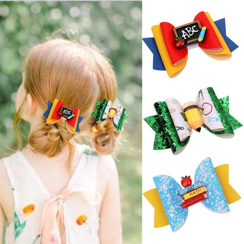 3PCS Back to School Bow Hair Clips Glitter Sequin Pencil Apple Book Blackboard Hair Bow Barrette Grosgrain Ribbon Alligator Hairgrips for First Day of School Kindergarten Students Hair Accessories