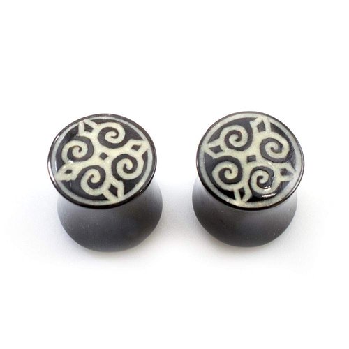 Pair of Ear Plugs Made of Organic Bone with Mandala Design