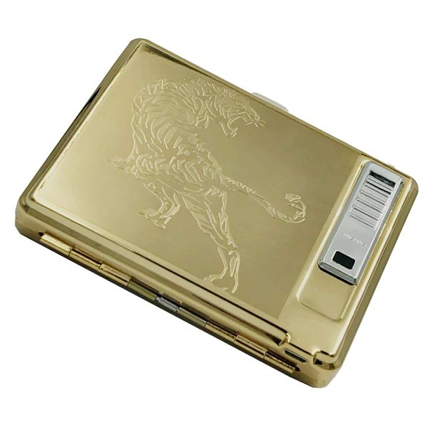 Moonwbak Cigarette Case Lighter, Metal Full Pack 20 Regular Cigarettes Box Holder USB Rechargeable Cigar Lighter Flameless Windproof with USB Cable Best for Birthday Gifts (Tiger)