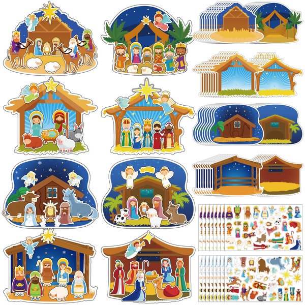 Kepeel 64PCS Christmas Nativity Scene Craft Kits for Kids, Make a Nativity Scene Hanging Ornament Christmas DIY Nativity Craft Kits Christmas Tree Ornament Kit for Party Home Classroom Game Activities