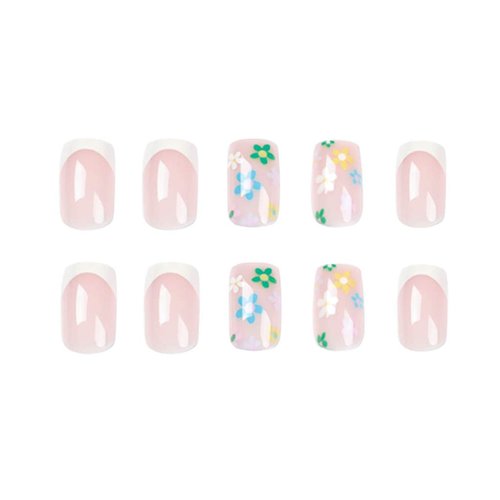 RikView French Tip Press on Nails Medium Acrylic Nails White Nails with Flowers Design Square Fake Nails