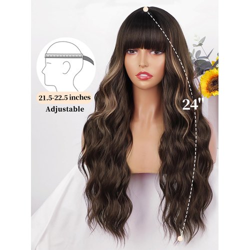 AISI QUEENS Brown Wig with Bangs for Women Long Wavy Hair Wig Brown Highlight Wig Curly Wavy Synthetic Wigs for Girls Daily Party Use