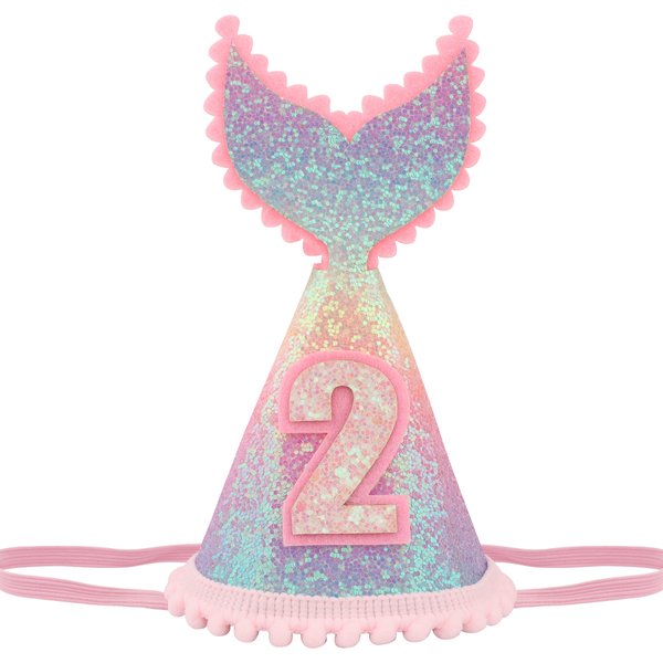 Vovii 2 years old Mermaid Tail Birthday Hat for Baby Girl Pink Sparkle Sequined Mermaid Tail Headband Princess Birthday Party Supplies