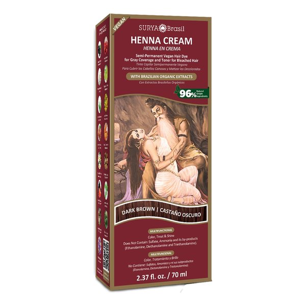 Surya Brasil Henna Hair Color Cream - Semi-Permanent Natural Dye for Gray Coverage - Deep Conditioning, Dark Brown, 2.37 oz