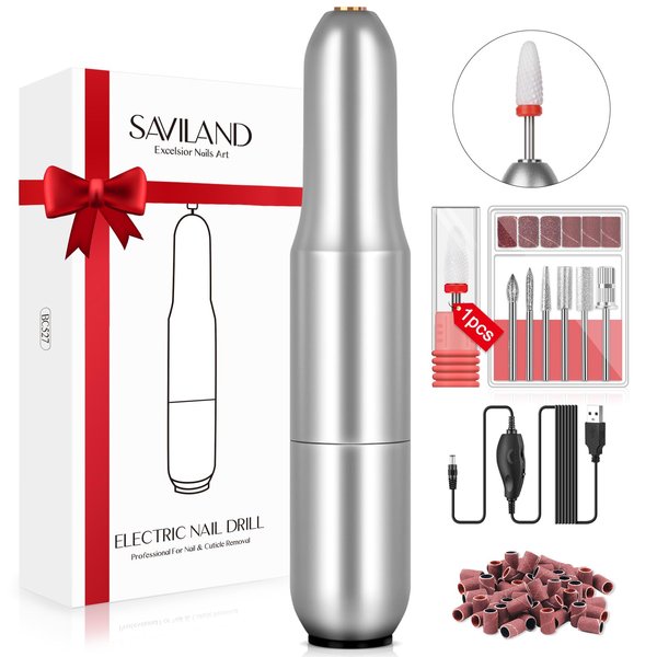 Saviland Portable Electric Nail Drill Machine - 20000 RPM USB Electric Nail File with 7 Nail Drill Bits and 51 Sanding Bands for Polishing and Removing Nail Manicure Tools Home Salon Use, Silvery