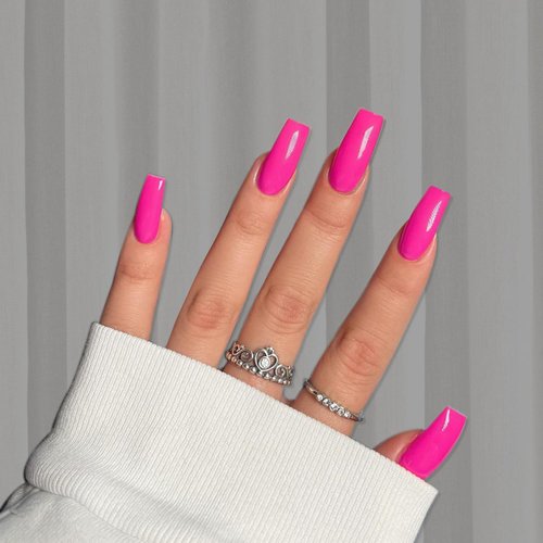 KQueenest Long Medium Press On Nails Coffin Nails Press Ons Gloss,Vibrant Hot Pink Color Full Cover Long Fake Nails For Women Girls,Thick Gel Square Tip Nails Acrylic False Nails Set,24 Pcs