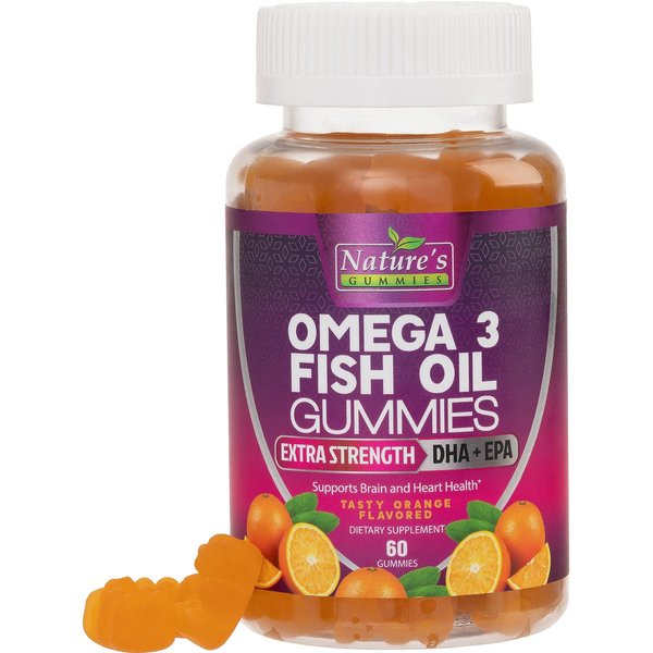 Omega 3 Fish Oil Gummies, Extra Strength Omega Fish Oil Supplement, High Absorption for Joint, Heart & Brain Support, Nature's Heart Healthy Omega 3s DHA EPA Gummy Vitamin, Orange Flavor - 60 Gummies