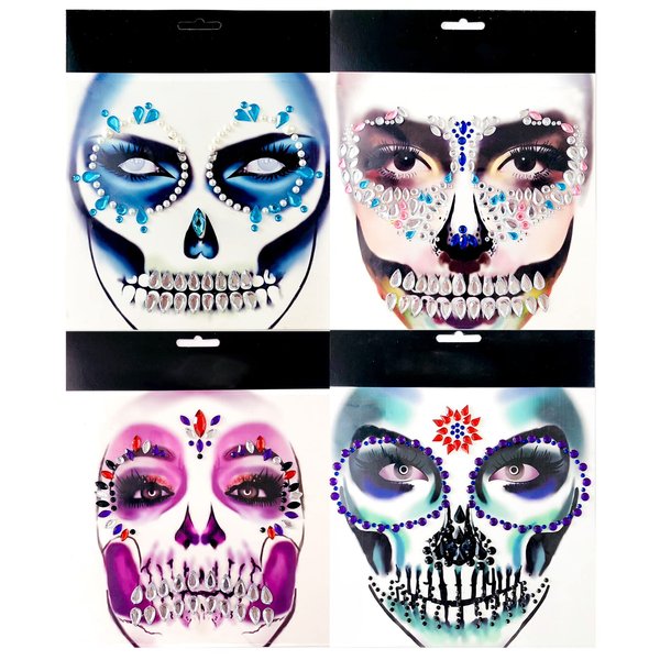 4 Pcs Halloween Face Gems Jewels Day of The Dead Sugar Skull Temporary Stickers Women Rhinestone Masquerade Face Crystal Tattoos Skeleton Scary Makeup Cosplay Costume Holiday Festival Party Supplies