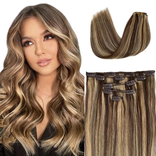Clip in Hair Extensions Highlighted Medium Brown and Dark Blonde Hair Extensions Real Human Hair Clip ins for Women Double Weft 18 Inch 70g 5pcs Balayage Brown to Blonde Clip in Human Hair Extensions