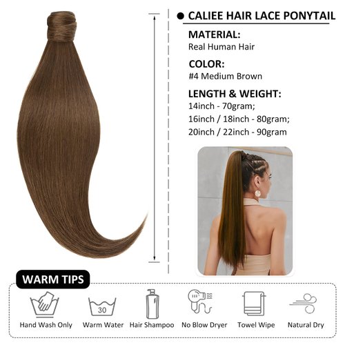Caliee 14Inch Human Hair Ponytail Extensions Color 4 Medium Brown 70G 100% Remy Human Hair Wrap Around Ponytail Clip in Silky Straight Pony Tails Hair Extensions for Women