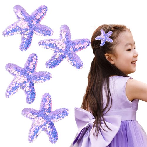 Kistreao 4Pcs Starfish Hair Clips Glitter Sea Star Hair Pins Sequins Hair Barrettes Mermaid Hair Accessories for Women Girls Birthday Wedding Celebration Party Supplies(Light Purple)