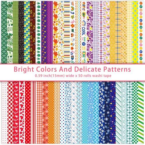 emmoolife 50 Rolls Washi Tape Set, 15mm Wide Rainbow Colored Tape Aesthetic Design Masking Decorative Tape for Scrapbooking Supplies, Bullet Journaling, Junk Journal, Wrapping Planners, DIY Arts Craft