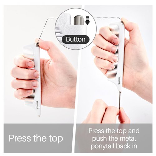 RHOS Retractable Rat Tail Comb for Parting,Protable Fine Tooth Teasing Comb for Styling,Hair Cutting,Braiding-Carbon Parting Combs for Braiding Hair,Stainless Steel Pin Tail Teasing Comb(White)