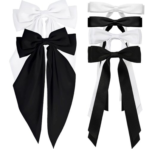 6pcs Hair Bows for Women Adults Girls, Hair Bows Clips Hair Ribbon Tassel with Long Tail, Cute Hair Accessories Silky Satin Barrettes Ponytail Holder Bow (Black & White, 3 Size)
