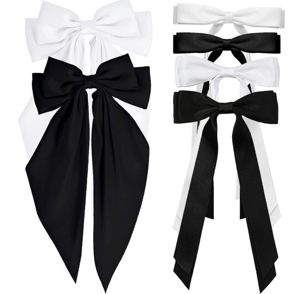 6pcs Hair Bows for Women Adults Girls, Hair Bows Clips Hair Ribbon Tassel with Long Tail, Cute Hair Accessories Silky Satin Barrettes Ponytail Holder Bow (Black & White, 3 Size)