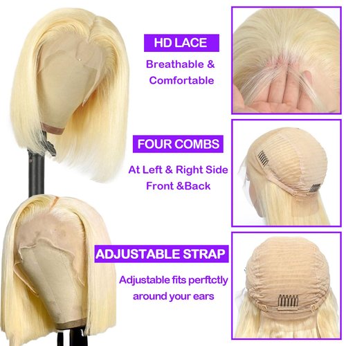 Gemlong Blonde Bob Wig Human Hair 613 Lace Front Bob Wigs Human Hair 13x4 HD Transparent Lace Front Wigs Human Hair Pre Plucked With Baby Hair Glueless Short Straight Bob Wigs for Black Women 10 Inch