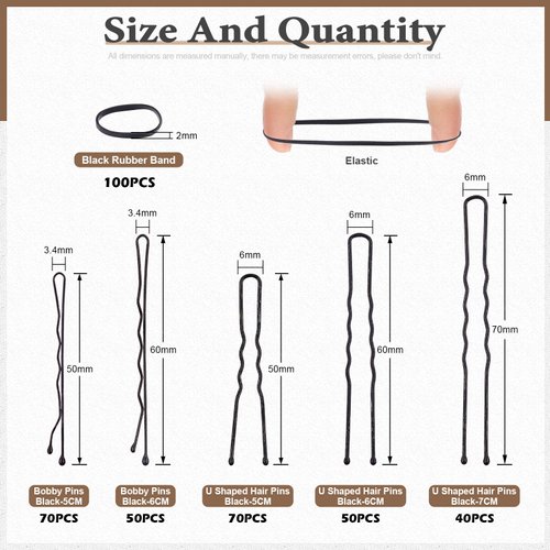 Wokape 380Pcs 2 Inch Black Bobby Pins and 2.4 Inch U Shaped Hair Pins with Black Rubber Bands Soft Elastic Bands Assortment Kit , Blonde Hair Pins for Buns Women Girls with Storage Box